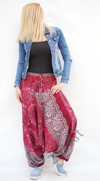 női, divat, nadrág, bordó, fehér, piros, mandala, mintás, trend, kényelmes, bő, szellős, viszkóz, egyedi, extravagáns, különleges, bohém, Thaiföld