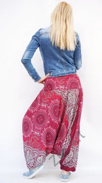 női, divat, nadrág, bordó, fehér, piros, mandala, mintás, trend, kényelmes, bő, szellős, viszkóz, egyedi, extravagáns, különleges, bohém, Thaiföld