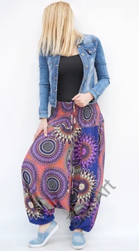 női, divat, nadrág, mandala, lila, kék, krém, narancs, sárga, trend, kényelmes, bő, szellős, viszkóz, egyedi, extravagáns, különleges, bohém, Thaiföld