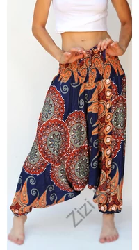 aladdin, nadrág, kék, narancs, mandala, levél, mintás, kényelmes, bő, szellős, viszkóz, egyedi, extravagáns, különleges, bohém, Thaiföld, női, divat, trend