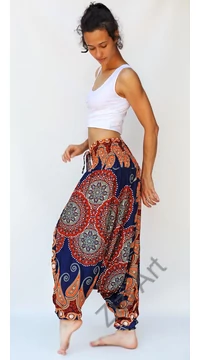 aladdin, nadrág, kék, narancs, mandala, levél, mintás, kényelmes, bő, szellős, viszkóz, egyedi, extravagáns, különleges, bohém, Thaiföld, női, divat, trend