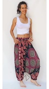 aladdin, nadrág, kék, pink, mályva, mandala, levél, mintás, kényelmes, bő, szellős, viszkóz, egyedi, extravagáns, különleges, bohém, Thaiföld, női, divat, trend