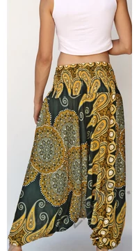 aladdin, nadrág, zöld, sárga, mandala, levél, mintás, kényelmes, bő, szellős, viszkóz, egyedi, extravagáns, különleges, bohém, Thaiföld, női, divat, trend