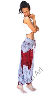 aladdin, nadrág, fehér, piros, mandala, mintás, kényelmes, bő, szellős, viszkóz, egyedi, extravagáns, különleges, bohém, Thaiföld, női, divat, trend