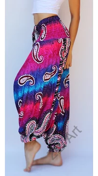 aladdin, nadrág, kék, pink, lila, szivárvány, levél, mintás, kényelmes, bő, szellős, viszkóz, egyedi, extravagáns, különleges, bohém, Thaiföld, női, divat, trend