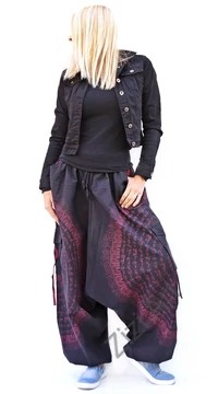 pamut, aladdin, nadrág, fekete, mályva, pink, bordó, kör, mandala, szanszkrit, szöveg, írás, divat, trend, bő, szárú, kényelmes, egyedi, extravagáns, Nepál