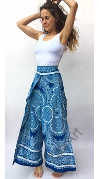 bőszárú, nadrág, szoknya, mandala, mintás, fehér, kék, viszkóz, szellős, kényelmes, női divat, bohém, elegáns, egyedi