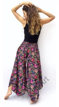 bőszárú, nadrág, virág, mintás, fekete, pink, piros, sárga, műselyem, szellős, kényelmes, női divat, bohém, elegáns, egyedi
