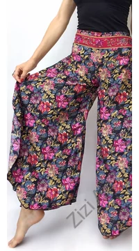 bőszárú, nadrág, virág, mintás, fekete, pink, piros, sárga, műselyem, szellős, kényelmes, női divat, bohém, elegáns, egyedi
