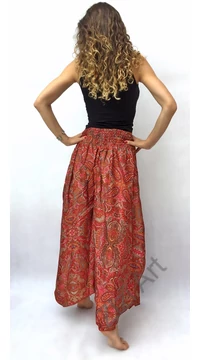 bőszárú, nadrág, levél, mintás, pinros, narancs, műselyem, szellős, kényelmes, női divat, bohém, elegáns, egyedi