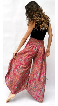 bőszárú, nadrág, levél, mintás, pink, zöld, sárga, műselyem, szellős, kényelmes, női divat, bohém, elegáns, egyedi