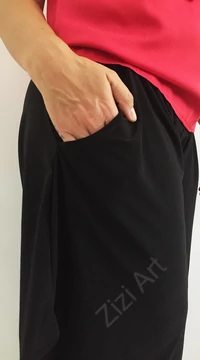 női, divat, fekete, zsebes, bő, denevér, nadrág, egyszínű, trend, kényelmes, szellős, egyedi, extravagáns, különleges, bohém, olasz