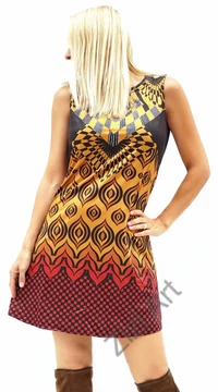 sárga, fekete, piros, etno, mintás, levél, kocka, ujjatlan, rövid, designer, ruha,portugál, francia, egyedi, vidám, elegáns, különleges, női, divat, bohém, trend
