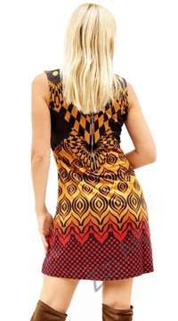 sárga, fekete, piros, etno, mintás, levél, kocka, ujjatlan, rövid, designer, ruha,portugál, francia, egyedi, vidám, elegáns, különleges, női, divat, bohém, trend