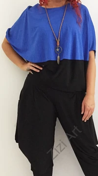 kék, fekete, denevér ujjú, felső, nyaklánccal, designer, olasz, bő, lezser, egyedi, vidám, elegáns, különleges, női, divat, bohém, trend