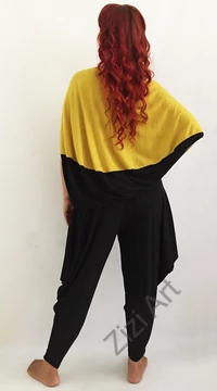 mustársárga, fekete, denevér ujjú, felső, nyaklánccal, designer, olasz, bő, lezser, egyedi, vidám, elegáns, különleges, női, divat, bohém, trend