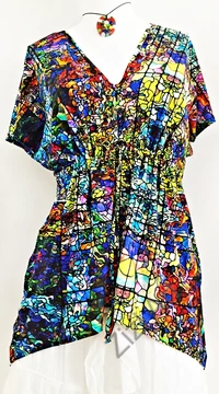 élénk, színes, kék, fekete, piros, sárga, narancs, kör, absztrakt, mintás, ujjatlan, felső, designer, magyar, egyedi, vidám, elegáns, különleges, női, divat, bohém, trend