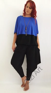 kék, fekete, denevér ujjú, felső, nyaklánccal, designer, olasz, bő, lezser, egyedi, vidám, elegáns, különleges, női, divat, bohém, trend
