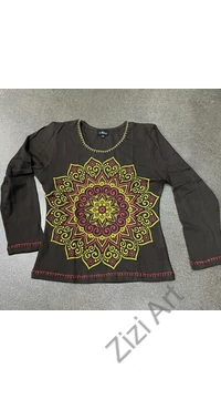 hosszú ujjú, vastag, meleg, pamut, felső, póló, kék, barna, türkiz, fekete, mandala, mintás, női, divat