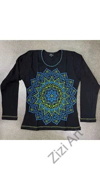 hosszú ujjú, vastag, meleg, pamut, felső, póló, kék, barna, türkiz, fekete, mandala, mintás, női, divat