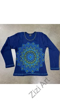 hosszú ujjú, vastag, meleg, pamut, felső, póló, kék, barna, türkiz, fekete, mandala, mintás, női, divat