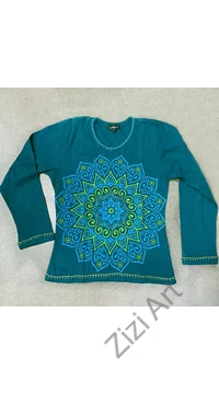hosszú ujjú, vastag, meleg, pamut, felső, póló, kék, barna, türkiz, fekete, mandala, mintás, női, divat
