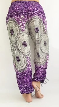 női, divat, lila, fehér, mandala,, mintás, bő, viszkóz, nadrág, színes, trend, kényelmes, szellős, egyedi, extravagáns, különleges, bohém, jázmin, Thaiföld, nagy méret, extra méretezés, plus size