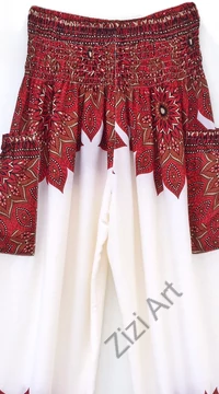 női, nadrág, viszkóz, bő, piros, ekrü, fehér, virág, mandala,  bordűr, mintás, trend, kényelmes, szellős,  bohém, jázmin, Thaiföld