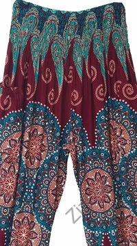 bő, nadrág, jázmin, levél, mandala, mintás, viszkóz, bordó, türkiz, zöld, kényelmes, szellős, bohém, Thaiföld
