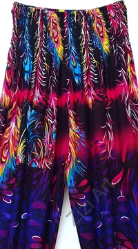 jázmin, nadrág, pink, kék, fekete, pávatoll, mintás, bő, viszkóz, nadrág, színes, trend, kényelmes, szellős, egyedi, extravagáns, különleges, bohém, Thaiföld, trend, női, divat