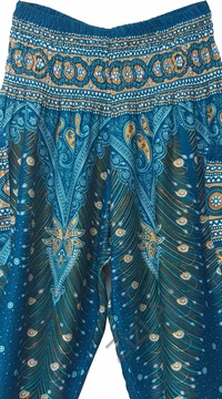 női, divat, türkiz, zöld, bő, viszkóz, nadrág, levél, pávatoll, élénk, színes, trend, kényelmes, szellős, egyedi, extravagáns, különleges, bohém, jázmin, Thaiföld