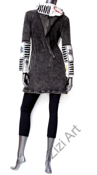 fehér, szürke, hosszú, kardigán, pulóver, virág, Nepál, egzotikus, meleg, polár, bélelt, thermo, manó, kapucni, cipzár, ősz, tél, egyedi, vidám