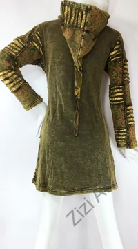 barna. keki, zöld, sárga, mandala, mintás, hosszú, kardigán, pulóver, Nepál, meleg, polár, bélelt, thermo, manó, kapucni, egzotikus, cipzár, ősz, tél, egyedi, vidám