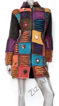 hosszú, kardigán, pulóver, virág, patchwork, mintás, kék, barna, zöld, narancs, szürke, Nepál, egzotikus, meleg, polár, bélelt, thermo, manó, kapucni, cipzár, ősz, tél, egyedi, vidám