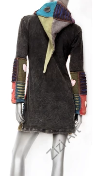 hosszú, kardigán, pulóver, virág, patchwork, mintás, kék, barna, zöld, narancs, szürke, Nepál, egzotikus, meleg, polár, bélelt, thermo, manó, kapucni, cipzár, ősz, tél, egyedi, vidám