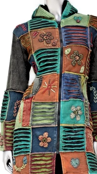 hosszú, kardigán, pulóver, virág, patchwork, mintás, kék, barna, zöld, narancs, szürke, Nepál, egzotikus, meleg, polár, bélelt, thermo, manó, kapucni, cipzár, ősz, tél, egyedi, vidám