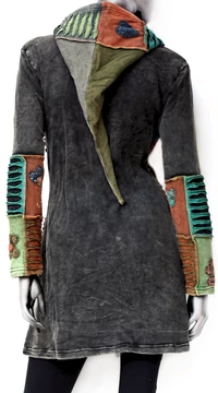 hosszú, kardigán, pulóver, virág, patchwork, mintás, kék, barna, zöld, narancs, szürke, Nepál, egzotikus, meleg, polár, bélelt, thermo, manó, kapucni, cipzár, ősz, tél, egyedi, vidám