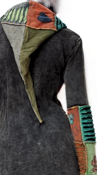 hosszú, kardigán, pulóver, virág, patchwork, mintás, kék, barna, zöld, narancs, szürke, Nepál, egzotikus, meleg, polár, bélelt, thermo, manó, kapucni, cipzár, ősz, tél, egyedi, vidám