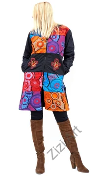 piros, kék, narancs, lila, mandalás, fekete, patchwork, mintás, betétes, színes, meleg, közép hosszú, hosszított, hímzett, pamut, pamutszövet, pamut, kabát, polár, bélelt, tél, ősz, elegáns, egyedi, cipzár, Nepál, kapucni, egzotikus, különleges