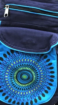 övtáska, egyedi, pamut, textil, táska, mandala, mintás, színes, sötétkék, világoskék, kiegészítő, trend. női, férfi divat