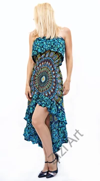 mandalás, kék, kiwi, zöld, fekete, viszkóz, hosszú, fodros, pánt nélküli, ruha, Indonéz, free size, bő, színes, körös, spagetti, nyak, megkötős, pántos, gumírozott, szellős, könnyű, különleges, női, divat, trend, webshop