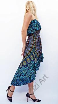 mandalás, kék, kiwi, zöld, fekete, viszkóz, hosszú, fodros, pánt nélküli, ruha, Indonéz, free size, bő, színes, körös, spagetti, nyak, megkötős, pántos, gumírozott, szellős, könnyű, különleges, női, divat, trend, webshop