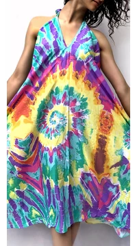 hosszú, ruha, nyakpántos, batik, mintás, azúr, pink, lila, sárga, kék, bő, szellős, női, divat, nyári, trend, Thaiföld, webshop
