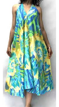hosszú, ruha, nyakpántos, batik, mintás, sárga, kék, zöld, bő, szellős, női, divat, nyári, trend, Thaiföld, webshop