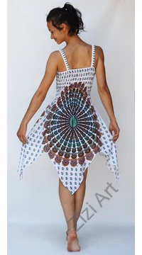 cikk-cakk, midi, ruha, fehér, színes, mandala mintás, ujjatlan, vidám, bohém, hippi, laza, női, divat, trend