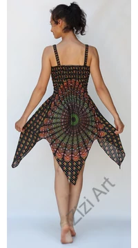 cikk-cakk, midi, ruha, zöld, narancs, fekete, színes, mandala mintás, ujjatlan, vidám, bohém, hippi, laza, női, divat, trend