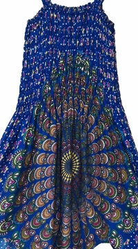 cikk-cakk, midi, ruha, kék, színes, mandala mintás, ujjatlan, vidám, bohém, hippi, laza, női, divat, trend