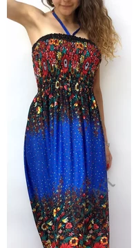 hosszú, bő, viszkóz, ruha, kék, virág, mintás, megkötős, szellős, könnyű, női, divat, Thaiföld, trend, webshop