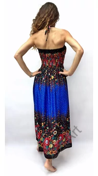 hosszú, bő, viszkóz, ruha, kék, virág, mintás, megkötős, szellős, könnyű, női, divat, Thaiföld, trend, webshop