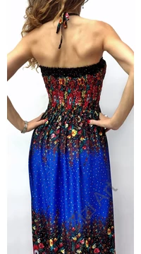 hosszú, bő, viszkóz, ruha, kék, virág, mintás, megkötős, szellős, könnyű, női, divat, Thaiföld, trend, webshop